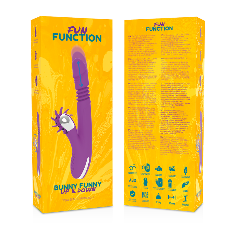 Close-up of the FUN FUNCTION Estimulador Clitoriano Bunny Cima e Baixo 2.0, showcasing its soft silicone texture and ergonomic design.