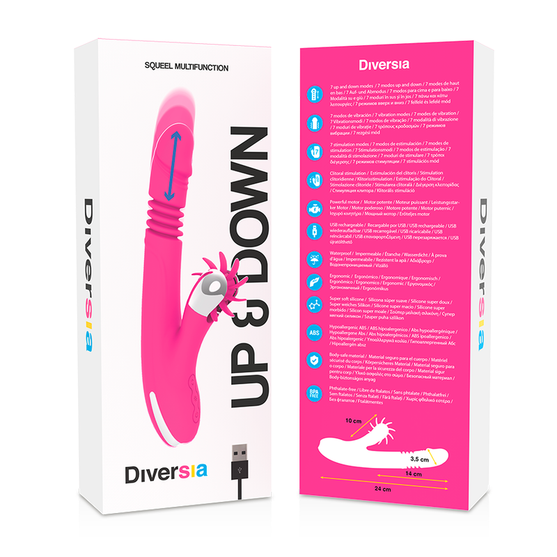 Close-up do DIVERSIA Vibrador Coelho Up & Down 24 CM, mostrando o design ergonómico e a textura de silicone.