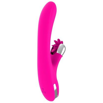 Close-up do DIVERSIA Vibrador Coelho 24cm com estimulador clitoriano, mostrando textura de silicone macio.