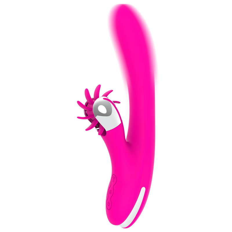 Close-up do DIVERSIA Vibrador Coelho 24cm com estimulador clitoriano, mostrando textura de silicone macio.