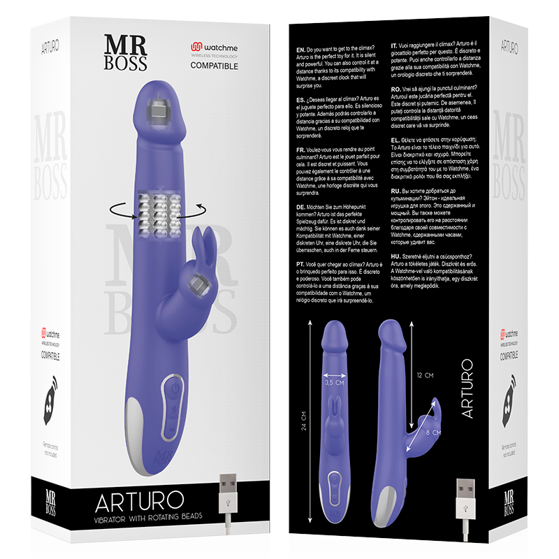 Detalhe do MR BOSS Vibrador e Rotador Arturo com suas esferas rotativas e estimulador clitoriano, em silicone premium.
