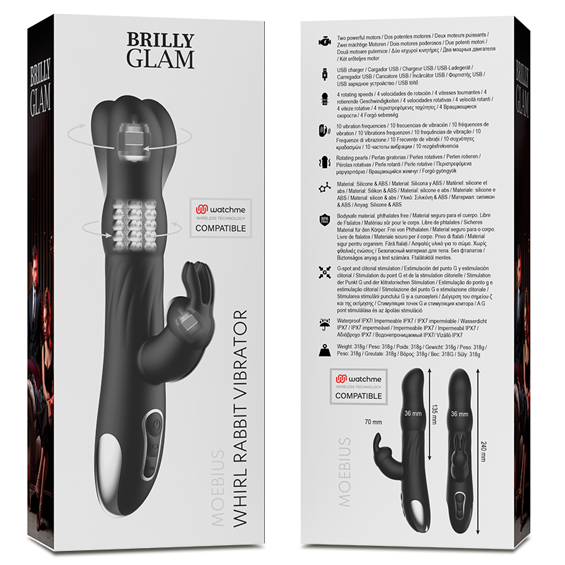 Close-up do Vibrador e Rotador BRILLY GLAM Moebius Coelho, mostrando a sua forma ergonómica e detalhes de silicone macio para estimulação do ponto G e clitóris.