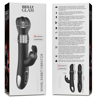 Close-up do Vibrador e Rotador BRILLY GLAM Moebius Coelho, mostrando a sua forma ergonómica e detalhes de silicone macio para estimulação do ponto G e clitóris.