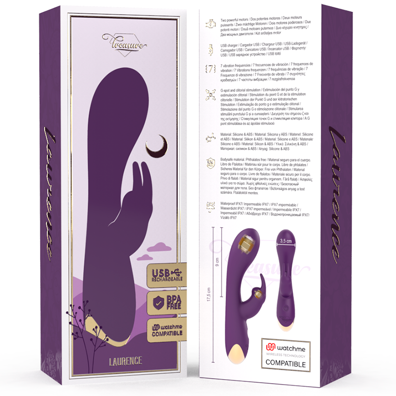 Vibrador rabbit Treasure Laurence com tecnologia Watchme e estimulação dupla.
