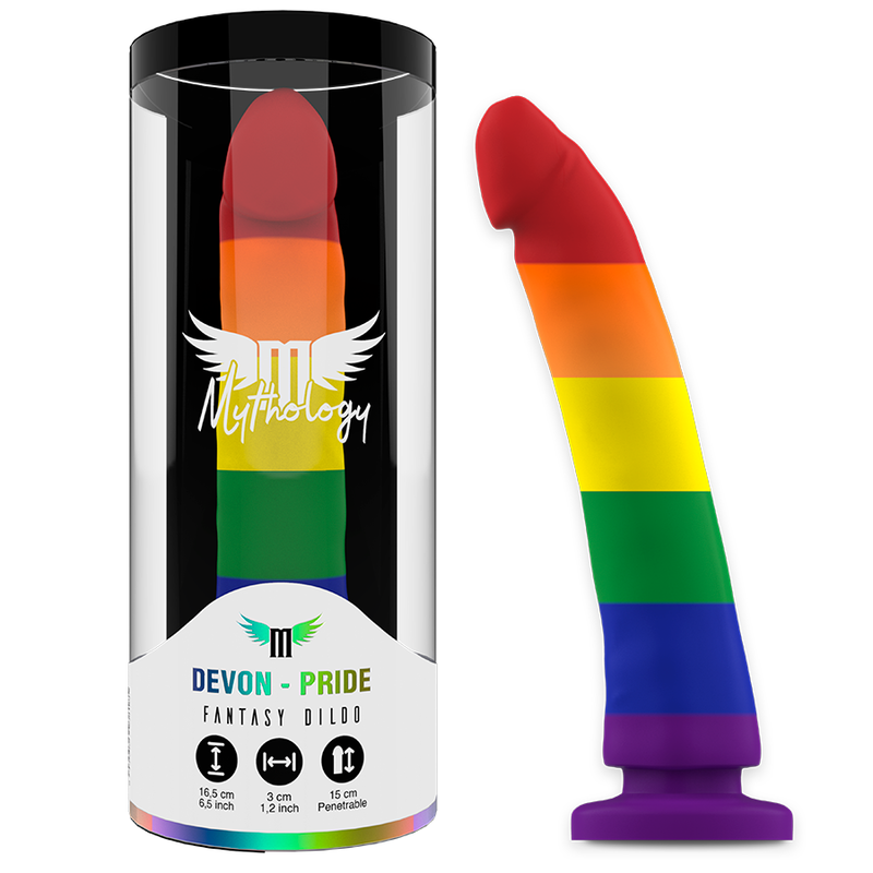Close-up do Dildo MYTHOLOGY Devon Pride M, mostrando o design único e a base de sucção.