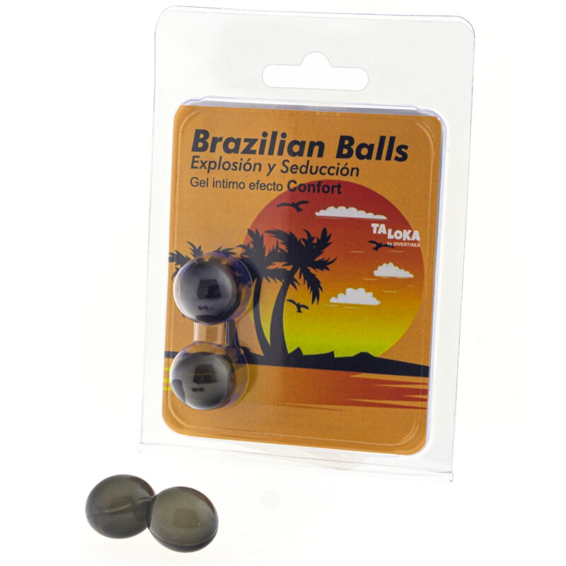 Close-up das 2 Bolas Brasileiras Gel Emocionante Efeito Conforto da TALOKA, mostrando sua textura suave e cores vibrantes, prontas para uma experiência de massagem e prazer.