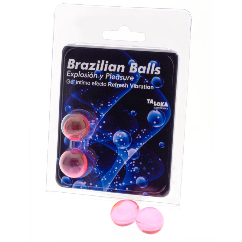 Close-up das 2 Bolas Brasileiras TALOKA com Gel Vibrante Refrescante para Massagem Íntima.
