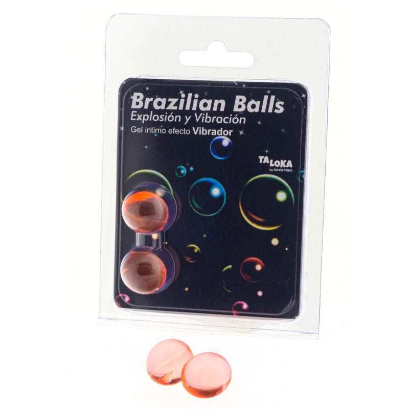 TALOKA 2 Bolas Brasileiras com Efeito Vibratório e Gel Emocionante, apresentadas em embalagem.