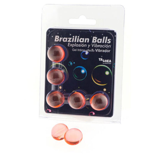 Close-up das TALOKA 5 Bolas Brasileiras com Gel Lubrificante Vibrante, prontas para massagem sensual.