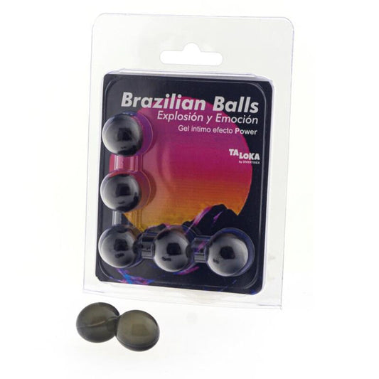 Close-up das TALOKA 5 Bolas Brasileiras Gel Emocionante Efeito Power para massagem íntima e prazer.