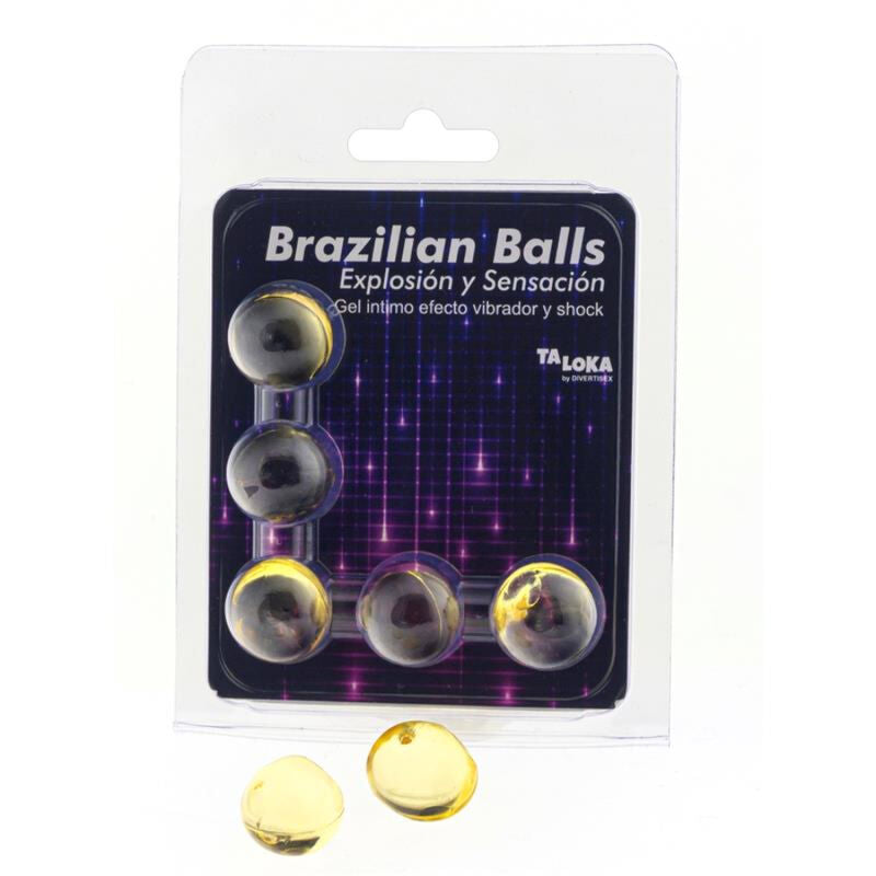 TALOKA 5 Bolas Brasileiras com Gel Vibrante e Efeito de Choque, embalagem e produto em destaque.