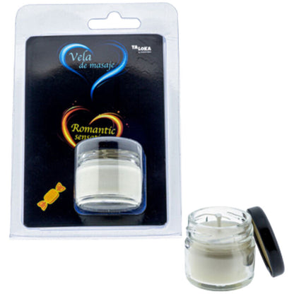 Vela de Massagem TALOKA Caramelo 30ml, mostrando o recipiente e a cera derretida.
