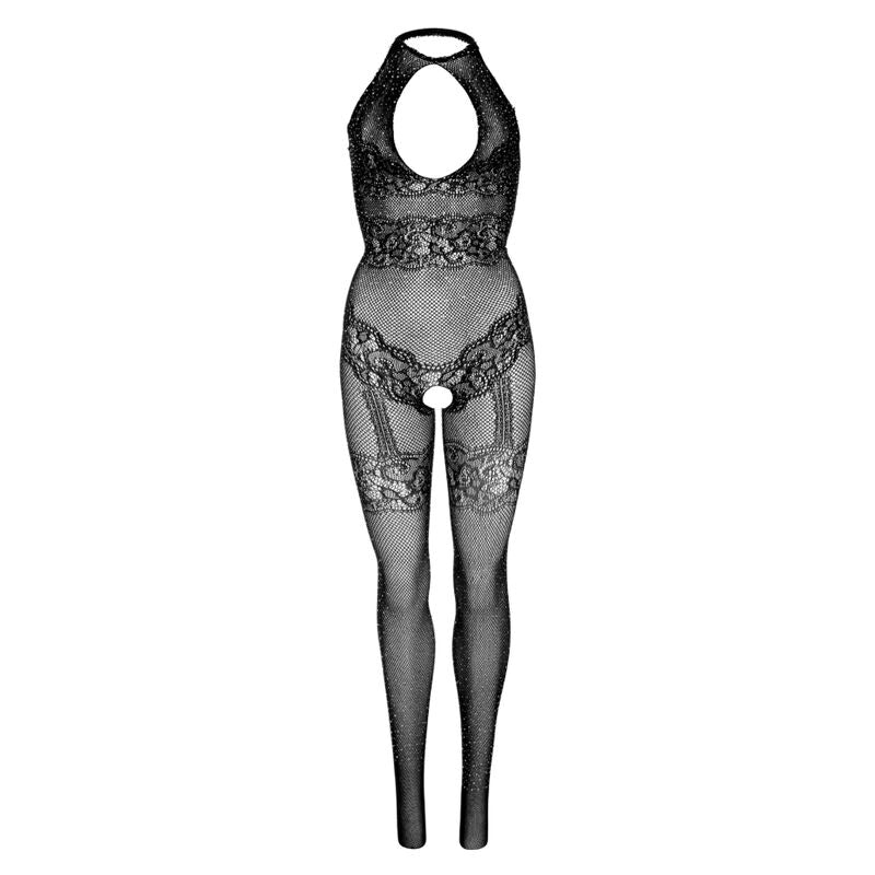 Close-up do LEG AVENUE Bodystocking Arrastão Sem Costura Preto Tamanho Único, destacando a textura arrastão, renda e detalhes em strass.