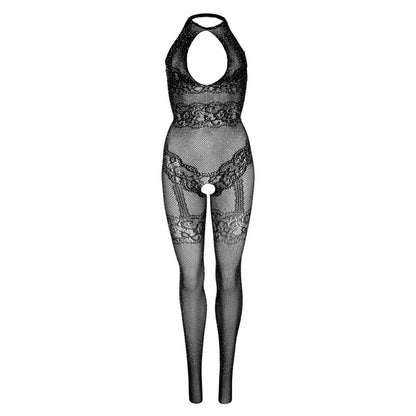 Close-up do LEG AVENUE Bodystocking Arrastão Sem Costura Preto Tamanho Único, destacando a textura arrastão, renda e detalhes em strass.