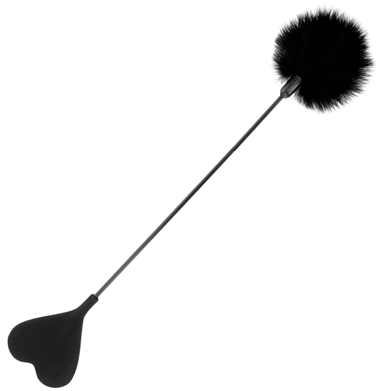 Chicote de penas dupla face Darkness 40cm preto para jogos de BDSM e exploração sensorial.