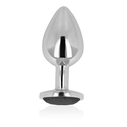 OHMAMA Plug Anal com Cristal Preto 8cm, detalhe do design elegante e superfície lisa em alumínio.