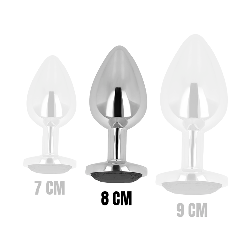 OHMAMA Plug Anal com Cristal Preto 8cm, detalhe do design elegante e superfície lisa em alumínio.