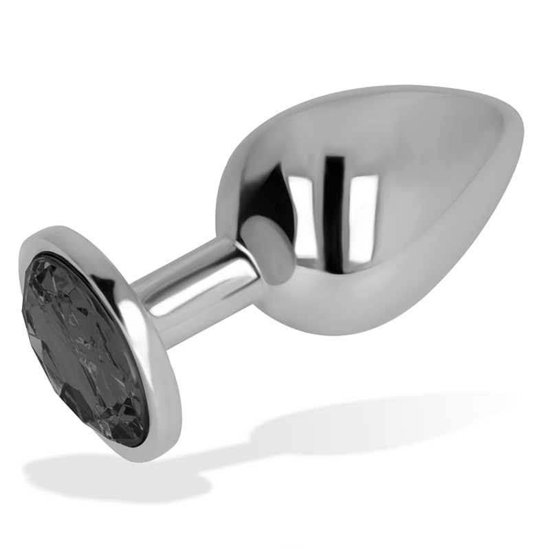 OHMAMA Plug Anal com Cristal Preto 8cm, detalhe do design elegante e superfície lisa em alumínio.
