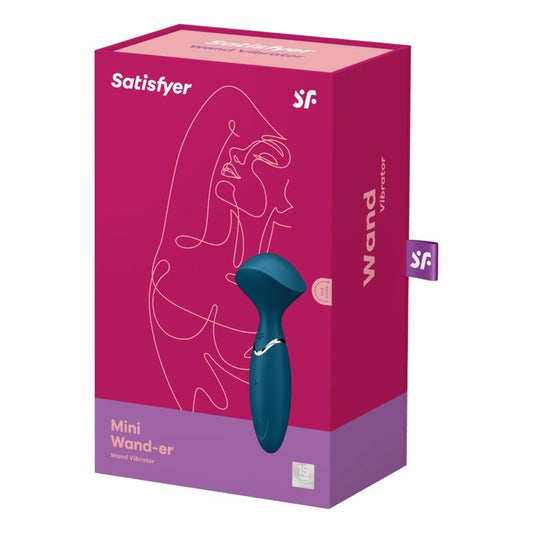 Close-up do vibrador varinha Satisfyer Mini Wand-er azul, mostrando seu design ergonómico e material de silicone.
