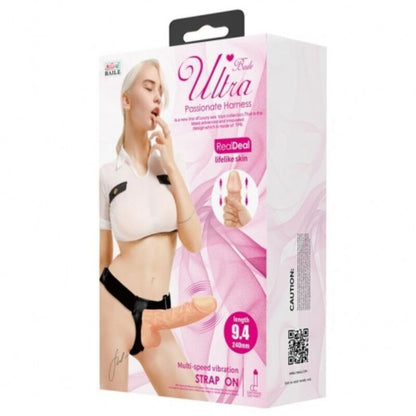 Close-up of the BAILE Arnês Vibratório Ultrapassionate 24cm Ajustável Natural, showing its adjustable harness and realistic flexible vibrator.