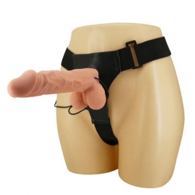 Close-up of the BAILE Arnês Vibratório Ultrapassionate 24cm Ajustável Natural, showing its adjustable harness and realistic flexible vibrator.