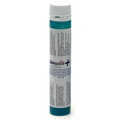 Close-up of the 500 COSMETICS SizeGain Plus Instant Shot Male Energizer, showing its packaging and liquid shots.