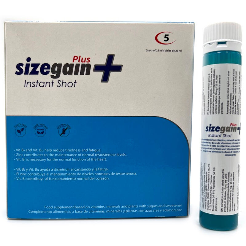 Close-up of the 500 COSMETICS SizeGain Plus Instant Shot Male Energizer, showing its packaging and liquid shots.