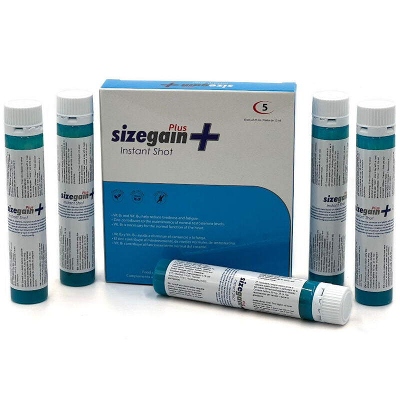 Close-up of the 500 COSMETICS SizeGain Plus Instant Shot Male Energizer, showing its packaging and liquid shots.