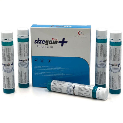 Close-up of the 500 COSMETICS SizeGain Plus Instant Shot Male Energizer, showing its packaging and liquid shots.