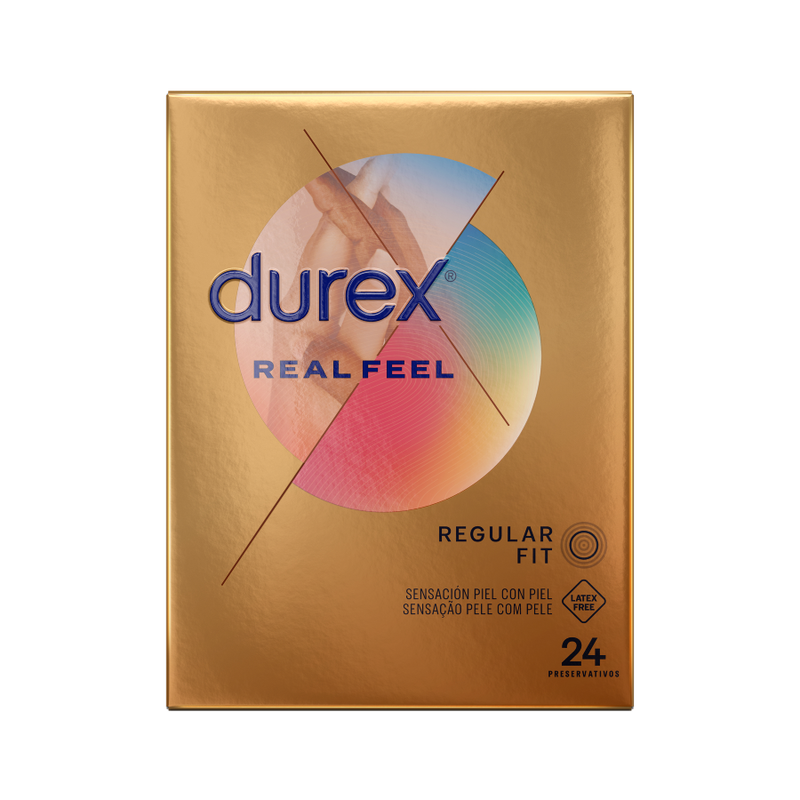 Embalagem de DUREX Preservativos RealFeel Sensação Pele a Pele Sem Látex 24 UDS, destacando a promessa de intimidade e conforto.