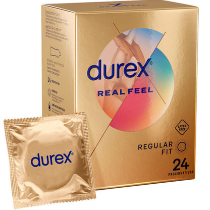 Embalagem de DUREX Preservativos RealFeel Sensação Pele a Pele Sem Látex 24 UDS, destacando a promessa de intimidade e conforto.