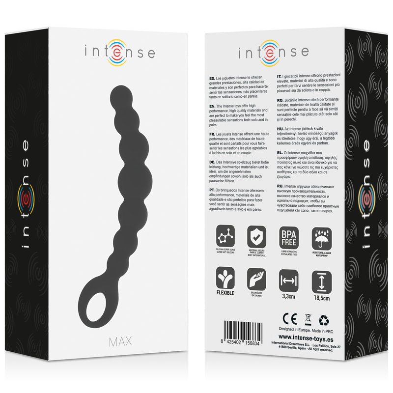 Contas Anais Intense de silicone preto, detalhe do design com 8 bolas macias para estimulação anal.