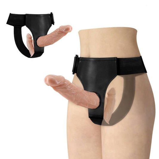 Detalhe dos Dildos Duplos Baile Ultra Apaixonado com Arnês Ajustável, mostrando sua textura realista e design ergonómico para casais.