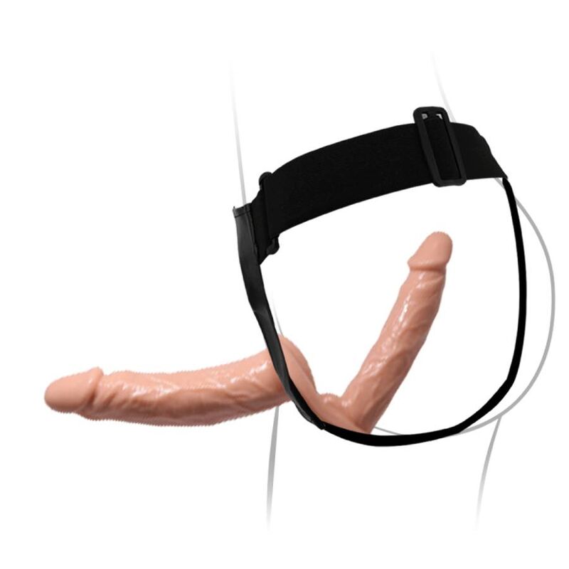 Detalhe dos Dildos Duplos Baile Ultra Apaixonado com Arnês Ajustável, mostrando sua textura realista e design ergonómico para casais.