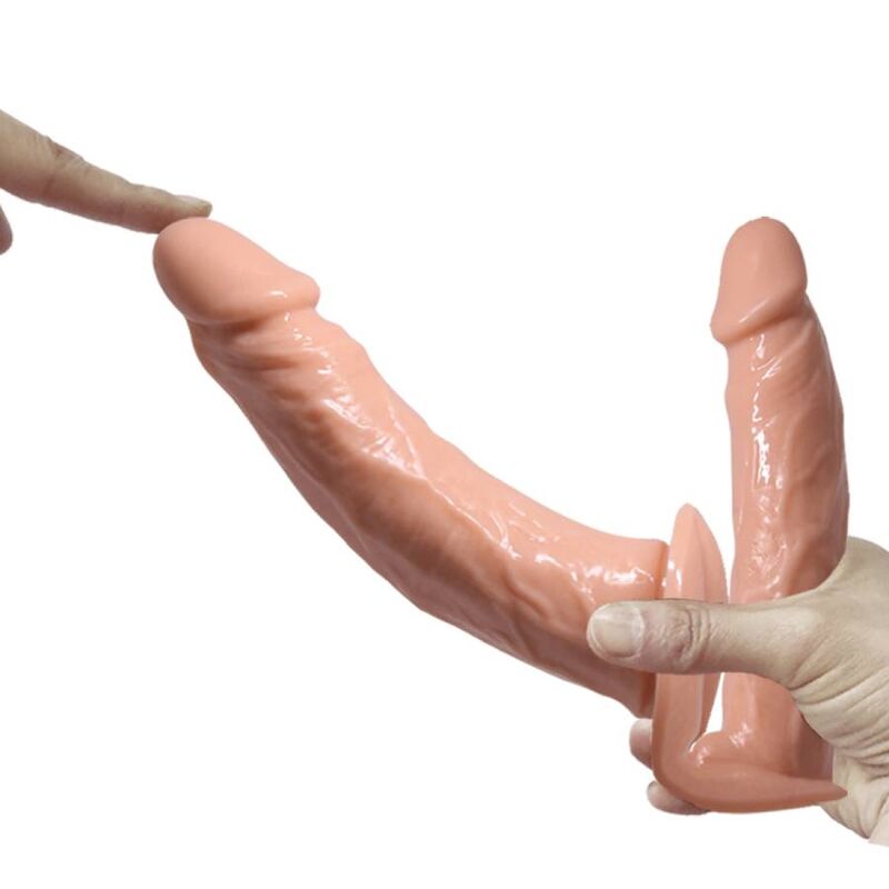 Detalhe dos Dildos Duplos Baile Ultra Apaixonado com Arnês Ajustável, mostrando sua textura realista e design ergonómico para casais.