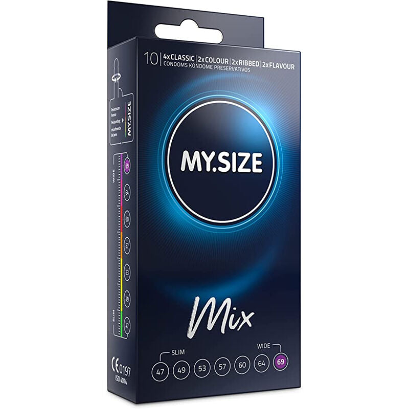 Embalagem e detalhe dos preservativos MY SIZE Mix 69mm variados, 10 unidades.