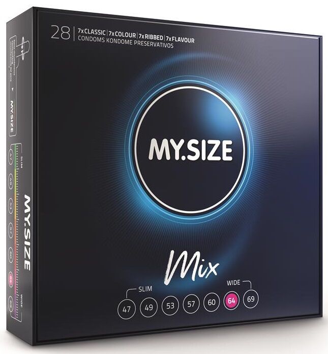 Close-up do pack MY SIZE Mix Preservativos 64mm com 28 unidades, mostrando a variedade de tipos e o design da embalagem.