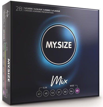 Close-up of the MY SIZE Mix Preservativos 69 MM, 28 Unidades, showcasing the variety of types included for a personalized experience.