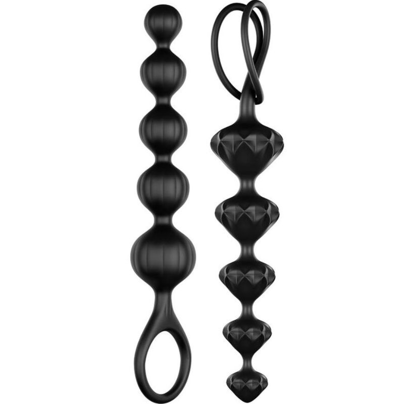 Detalhe das Satisfyer Contas Anais Suaves Love Beads Pretas, mostrando textura e design flexível para exploração anal.