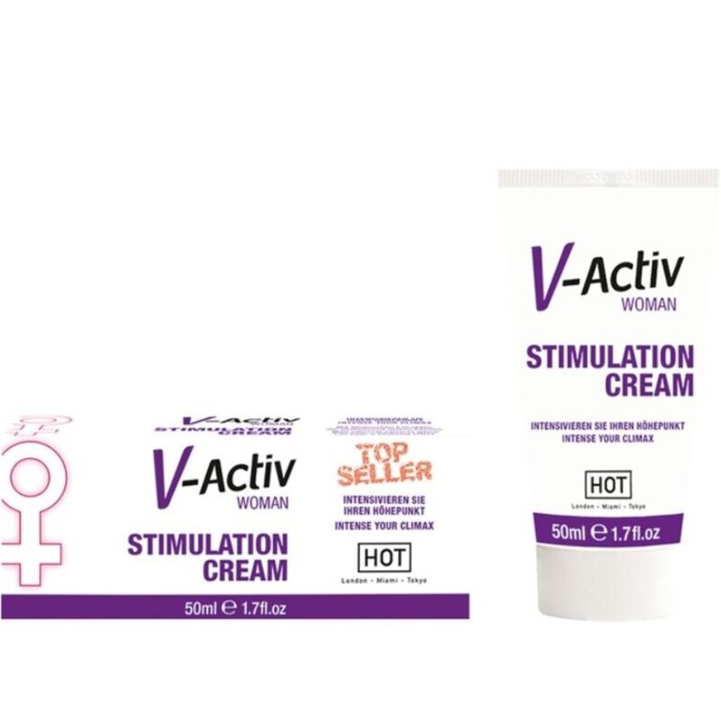 Close-up of the HOT V-Activ Creme de Estimulação Feminina 50ml, showing its packaging.