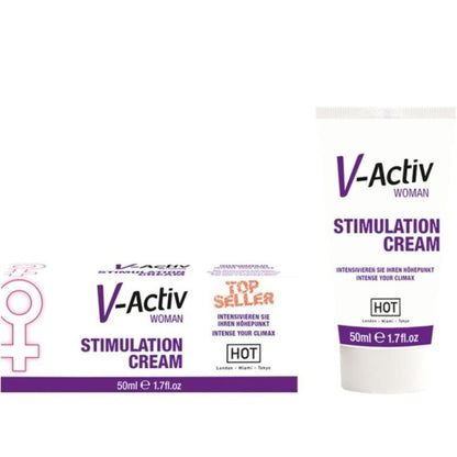 Close-up of the HOT V-Activ Creme de Estimulação Feminina 50ml, showing its packaging.