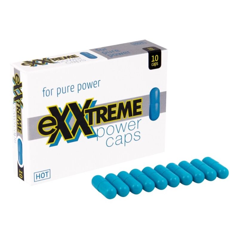 Embalagem de HOT Extreme Power Caps 10 Unidades, destacando os benefícios para energia e vitalidade.