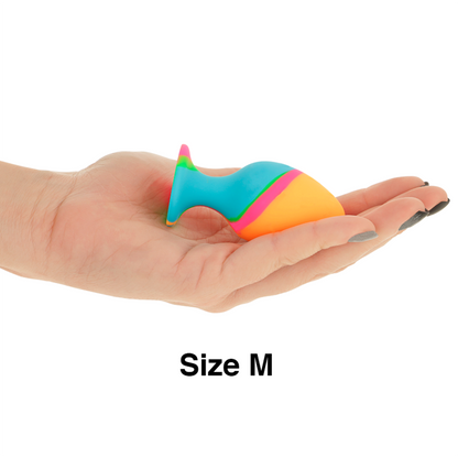 Close-up of the Intense Multicolor Silicone Anal Plug Set, showing its tie-dye design and varied sizes.