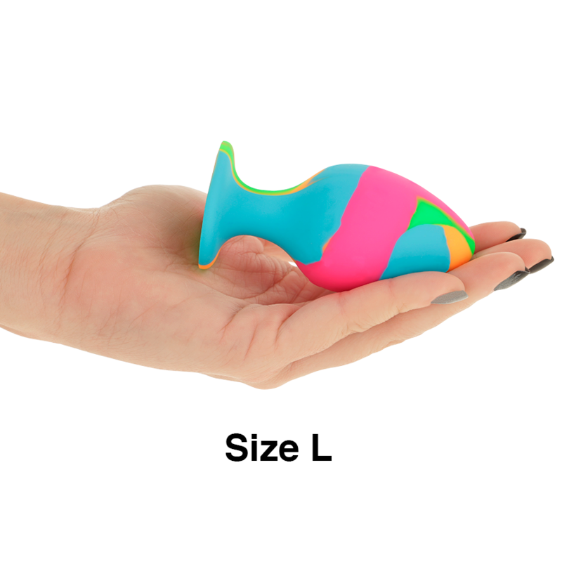 Close-up of the Intense Multicolor Silicone Anal Plug Set, showing its tie-dye design and varied sizes.