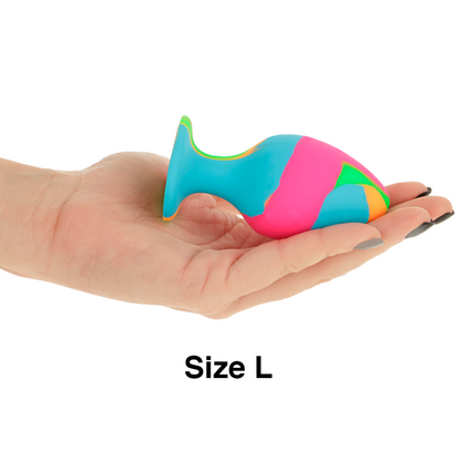 Close-up of the Intense Multicolor Silicone Anal Plug Set, showing its tie-dye design and varied sizes.