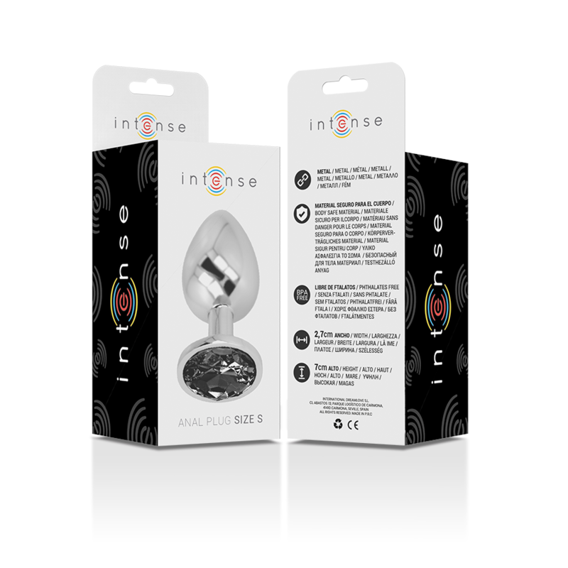 Intense Plug Anal de Metal com Cristal Preto Tamanho S, detalhe do cristal e superfície metálica.