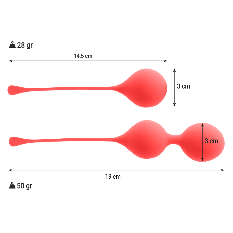 Close-up das Bolas Kegel Intense Pack Kendall em silicone vermelho, mostrando o design ergonómico para treino do pavimento pélvico.