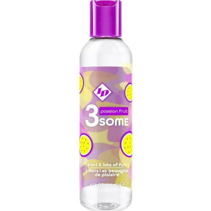 Frasco de ID 3SOME Gel Beijável Aquecedor com sabor a maracujá de 4 FL OZ, ideal para prazer oral e massagem.