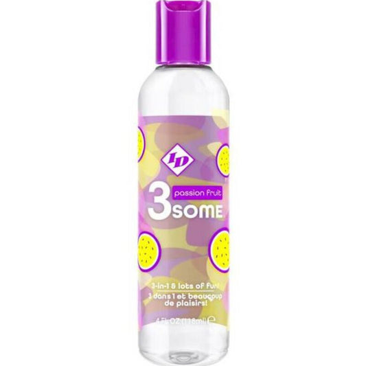 Frasco de ID 3SOME Gel Beijável Aquecedor com sabor a maracujá de 4 FL OZ, ideal para prazer oral e massagem.