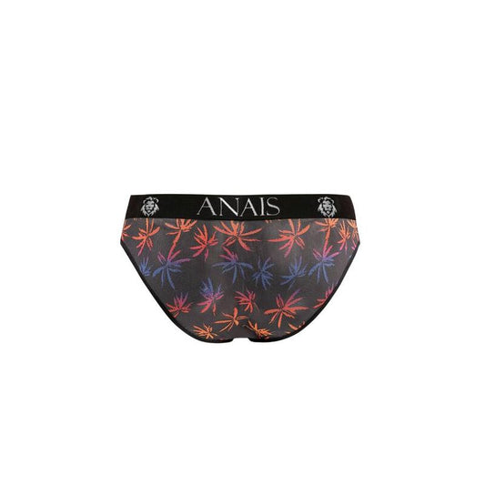 Close-up da Cueca Slip ANAIS MEN Chill com tule estampado de palmeiras festivas e detalhes de tecido macio.